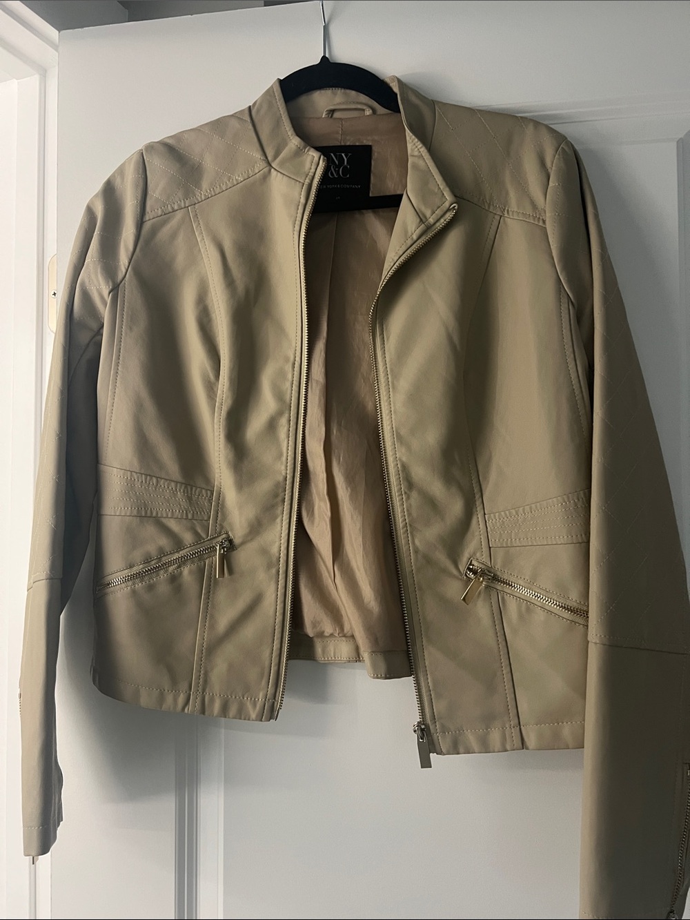 New York & Company Taupe Faux Leather Zip-Front Jacket